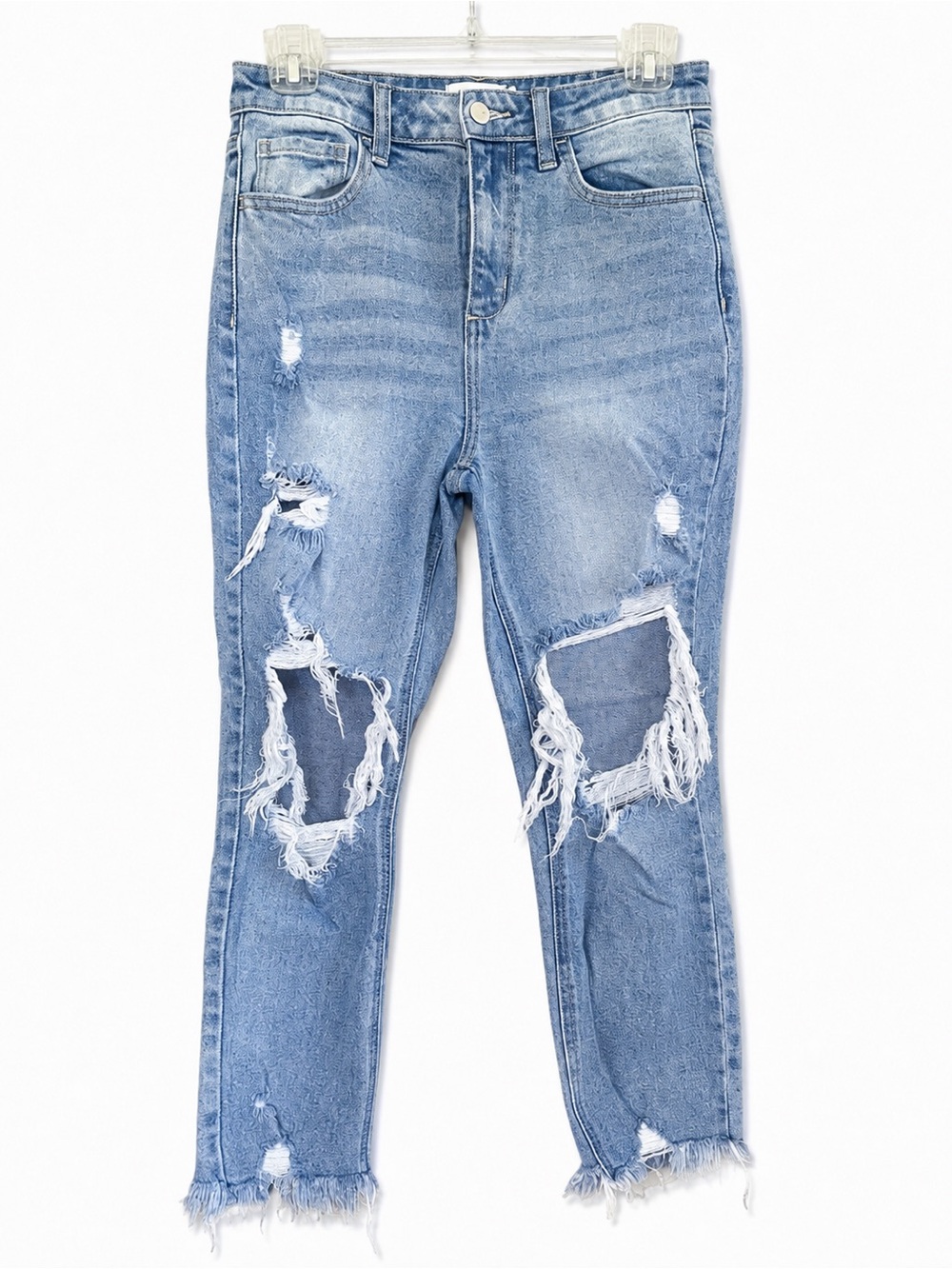 Cello High Rise Distressed Mom Jeans Size 5 Light Wash Cropped Raw Hem